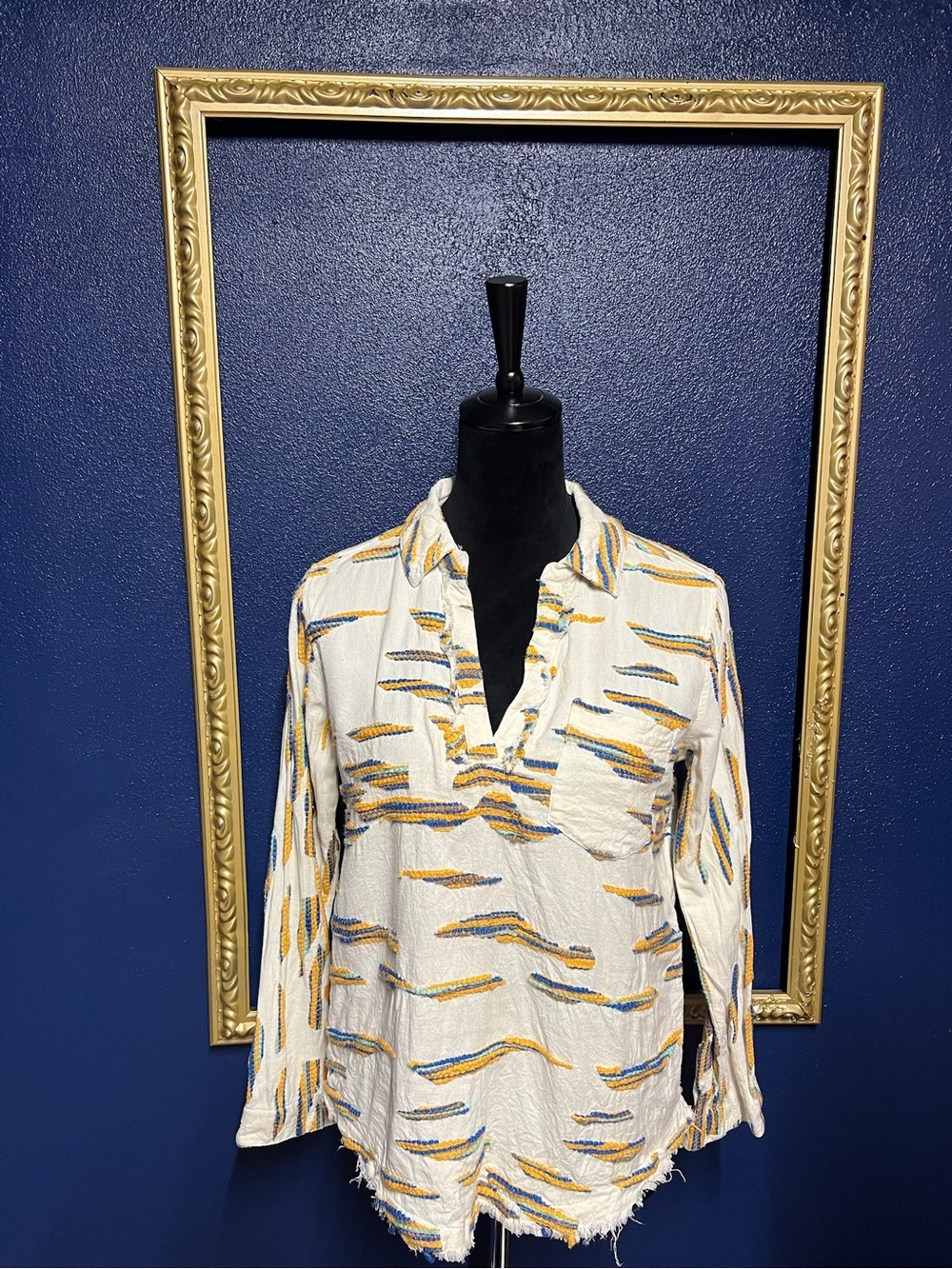 ivy jane Ivory Pullover Top with Blue and Mustard Stripes